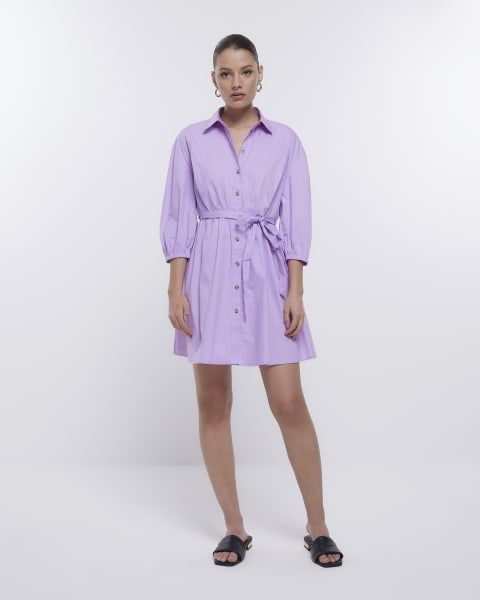 Purple long sleeve belted mini shirt dress