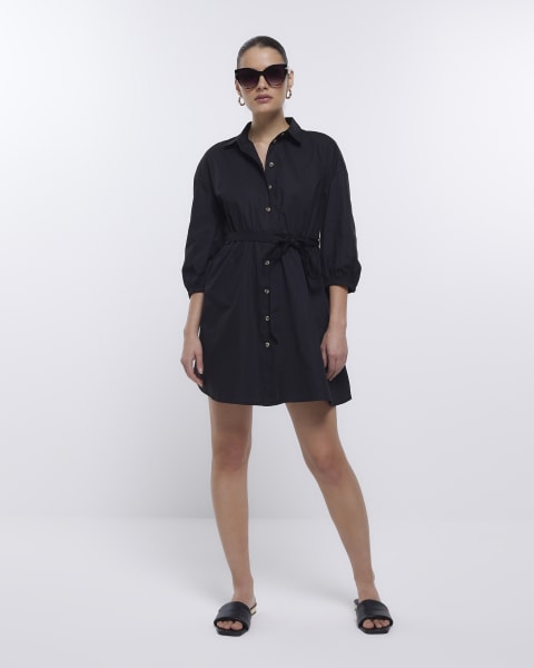 Black long sleeve belted mini shirt dress