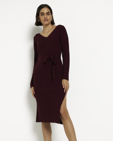 Red knit wrap midi dress