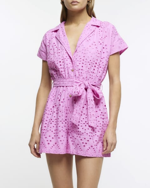 Pink broderie tie waist playsuit