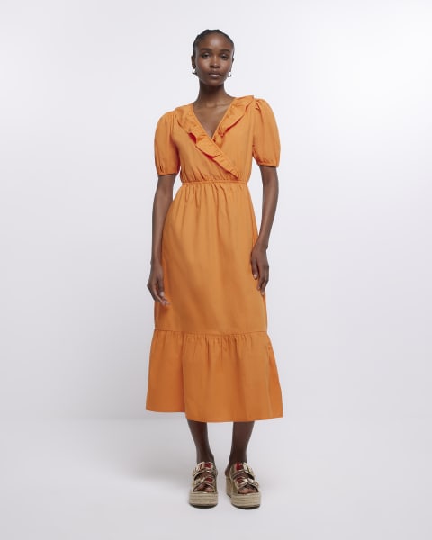 Orange puff sleeve wrap midi dress