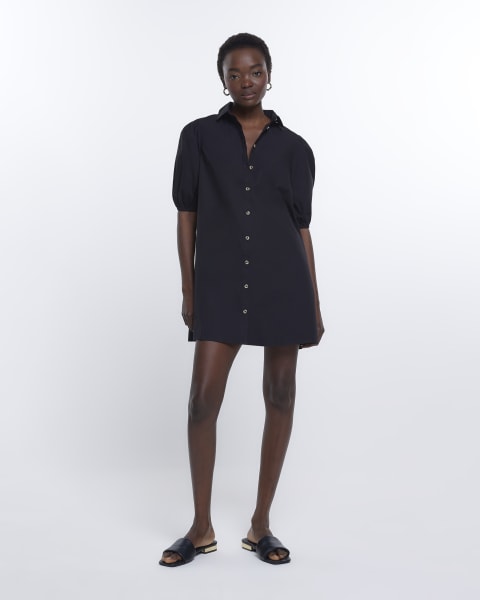 Black short sleeve mini shirt dress
