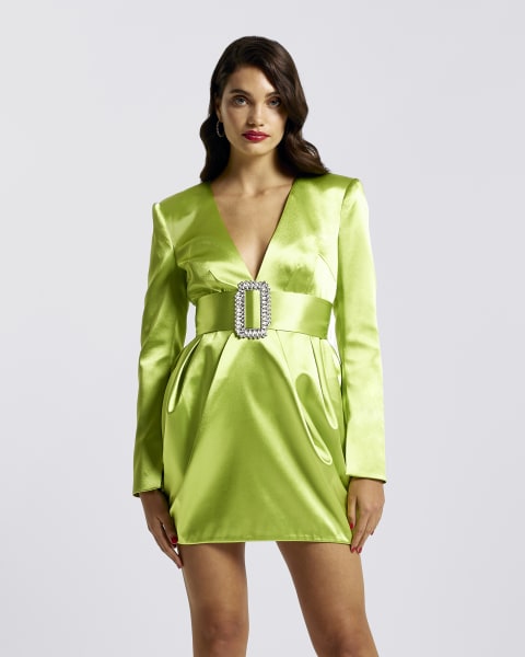 Lime green satin long sleeve mini dress