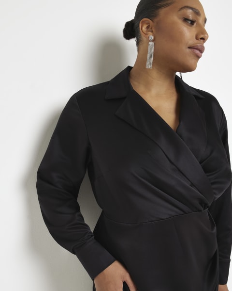 Plus black satin wrap mini blazer dress