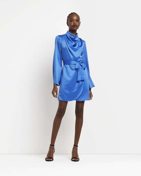 Blue satin high neck mini dress