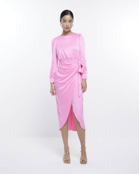 Pink satin long sleeve wrap midi dress
