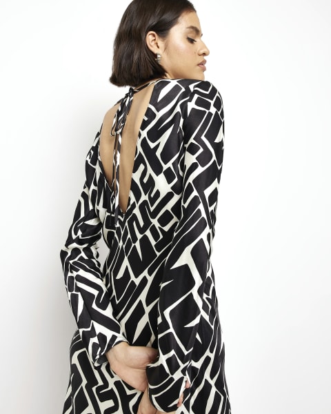 Black satin abstract slip midi dress