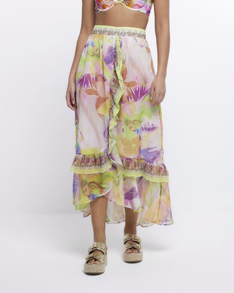 Yellow  floral frill detail maxi skirt