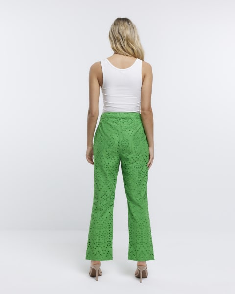 Green wide leg broderie trousers