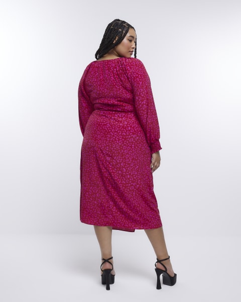 Plus pink animal print wrap midi dress