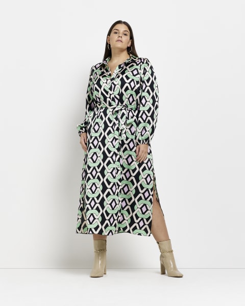 Plus green satin midi shirt dress