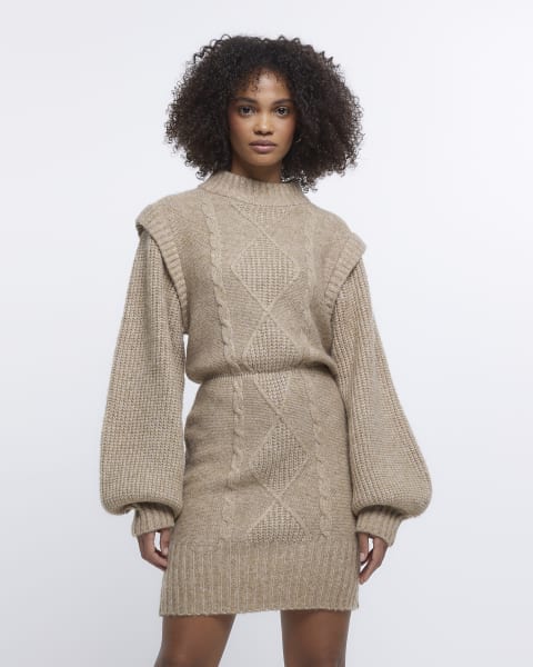 Beige knitted shoulder pad jumper mini dress