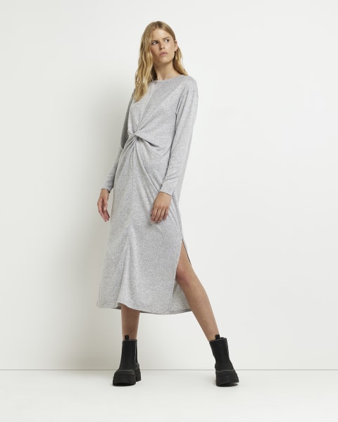 Grey long sleeve twist front midi dress