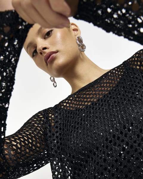 Black knit sequin midi dress