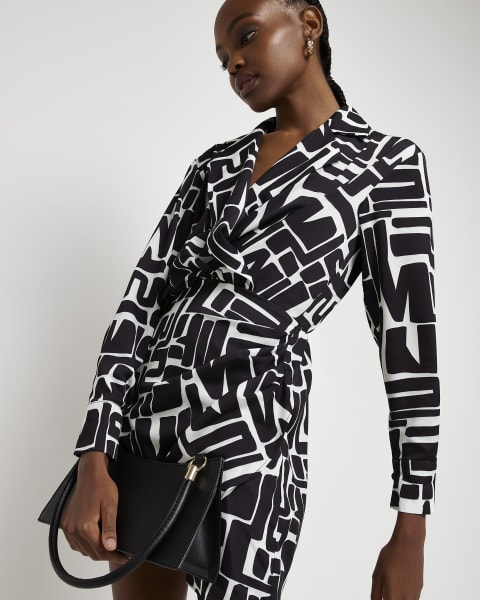 Black print satin wrap mini blazer dress