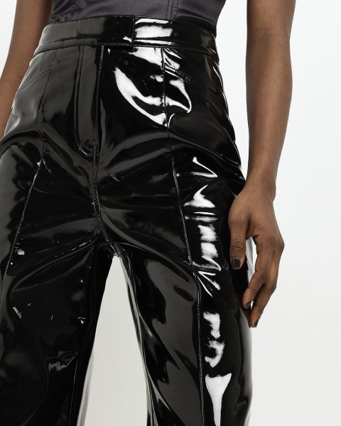 Black faux leather straight trousers