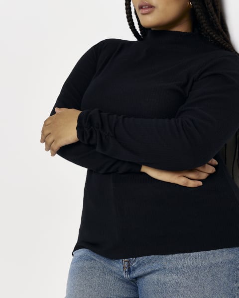 Plus black ribbed high neck top