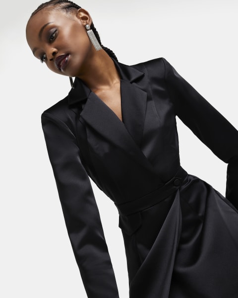 Black satin wrap mini blazer dress