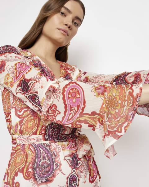 Cream long sleeve paisley frill midi dress