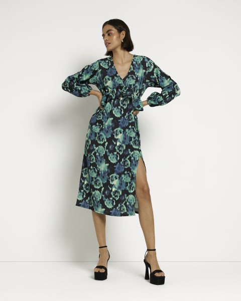 Black floral frill long sleeve midi dress