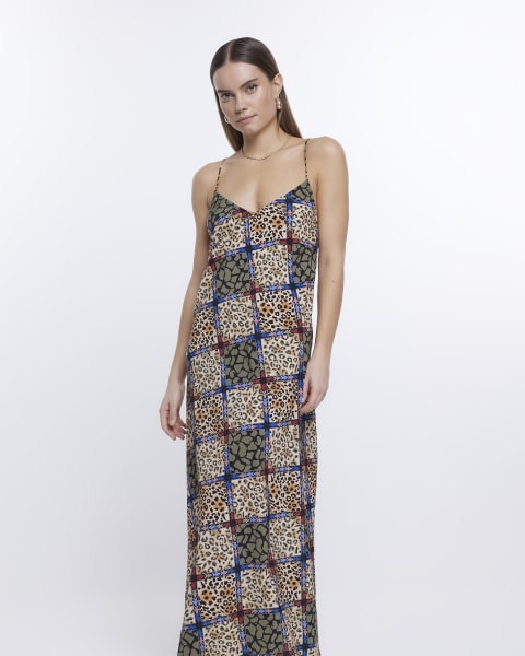 Beige animal print smock maxi dress