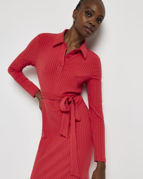 Red long sleeve bodycon midi dress
