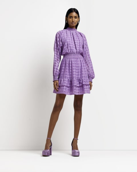 Purple shirred detail skater mini dress