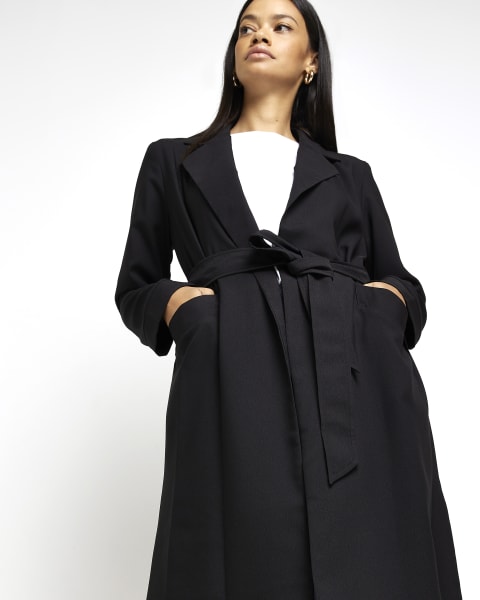 Black satin tie waist duster coat