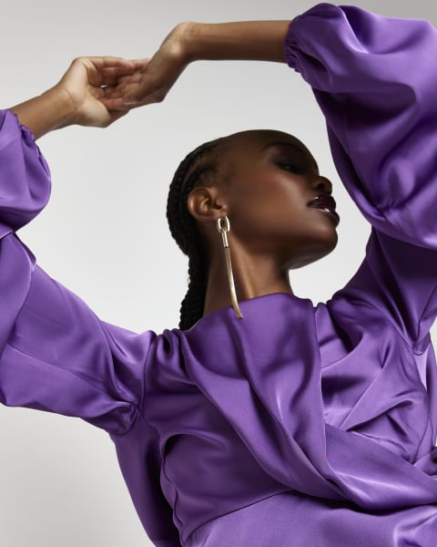 Purple satin wrap midi dress