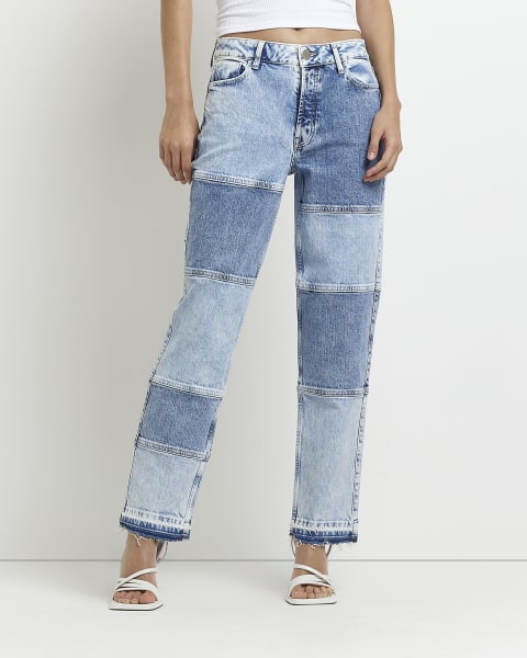 Blue mid rise patched straight leg jeans