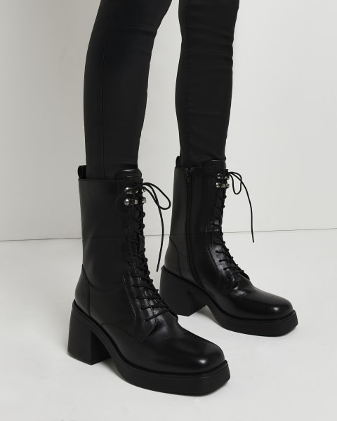 Black lace up heeled ankle boot