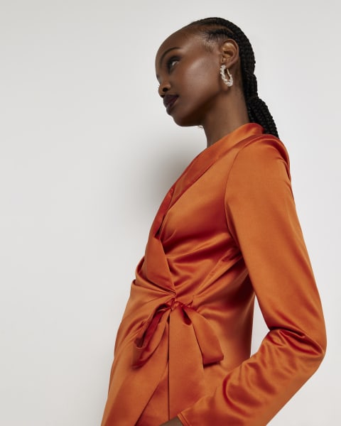 Orange satin wrap mini blazer dress