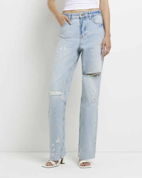 Blue ripped straight leg jeans
