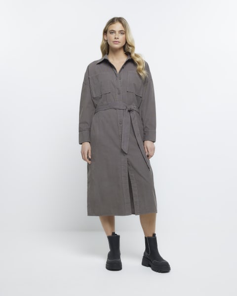 Grey corduroy long sleeve midi shirt dress