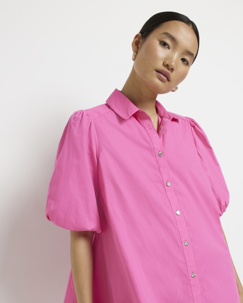 Pink short puff sleeve mini shirt dress