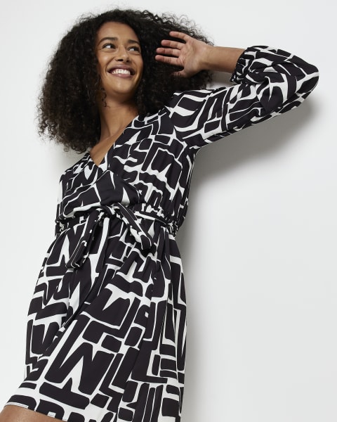 Black satin print wrap mini dress