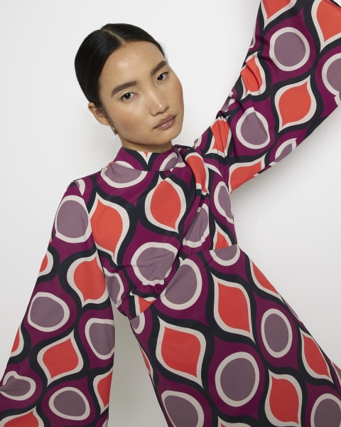 Orange printed flute sleeves mini dress