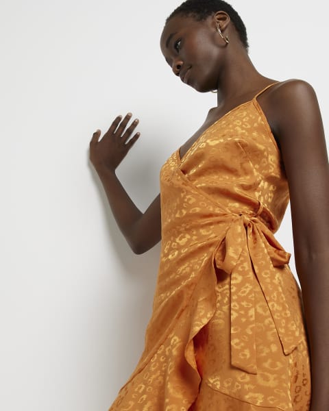 Orange animal print satin mini dress