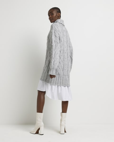 Grey cable knit mini jumper shirt dress
