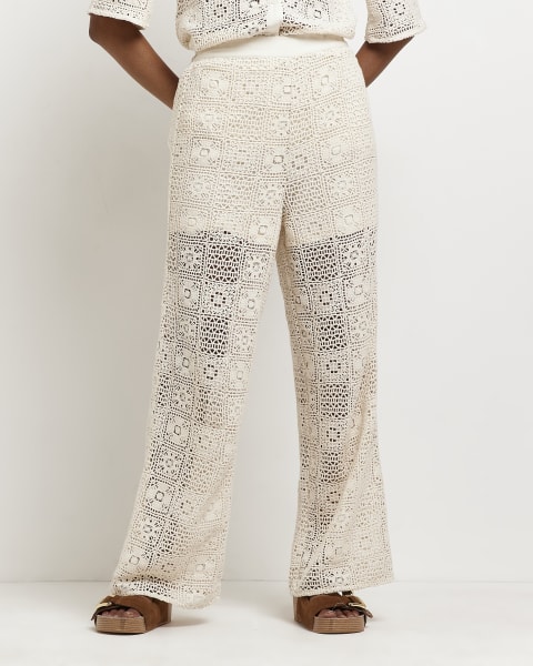 Cream embroidered wide leg trousers