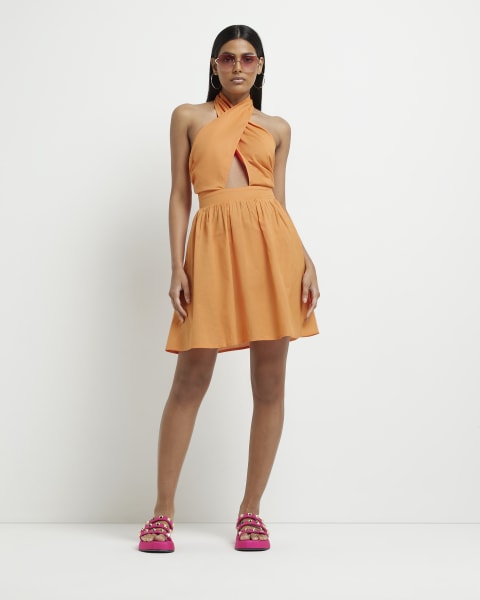 Orange linen halter neck mini dress