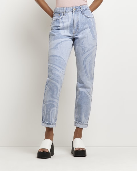 Blue printed high rise mom jeans