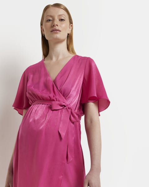 Maternity pink satin wrap midi dress