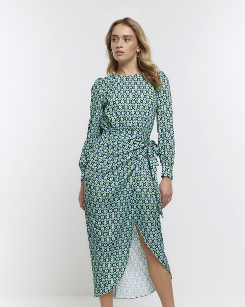 Blue printed midi wrap dress