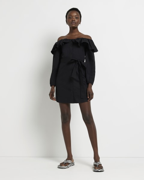 Black bardot frill mini dress