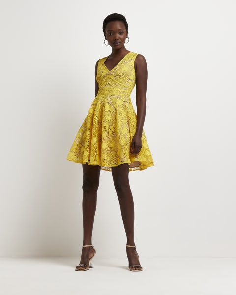 Yellow lace mini dress