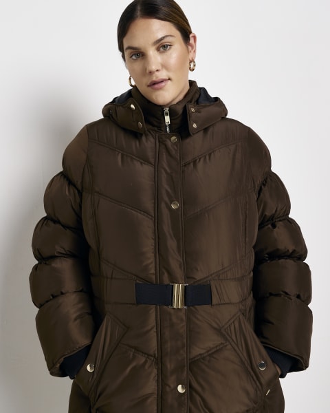 Plus khaki belted longline puffer coat