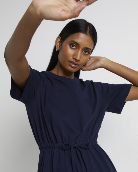 Navy drawstring jersey t-shirt midi dress