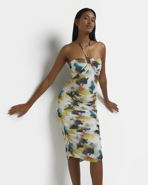 Green printed bodycon midi dress