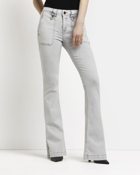 Grey mid rise flared jeans